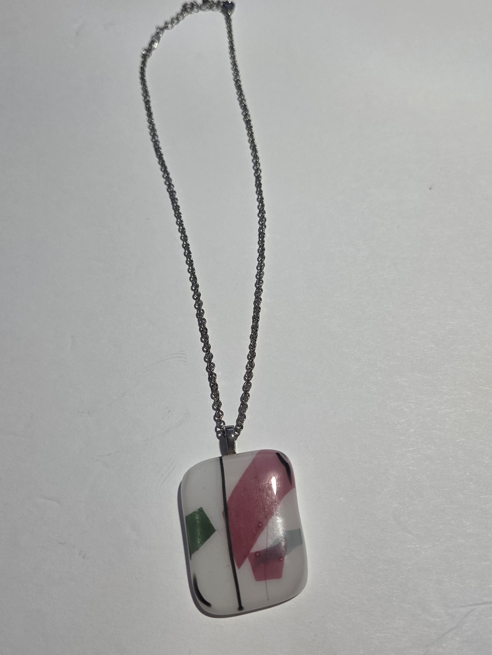 Abstract Glass Pendant Necklace in White, Pink and Green